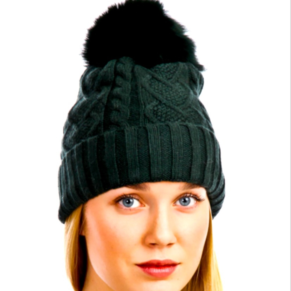 Cable Knit Hat Removable Fur Pom Pom -Forest Green